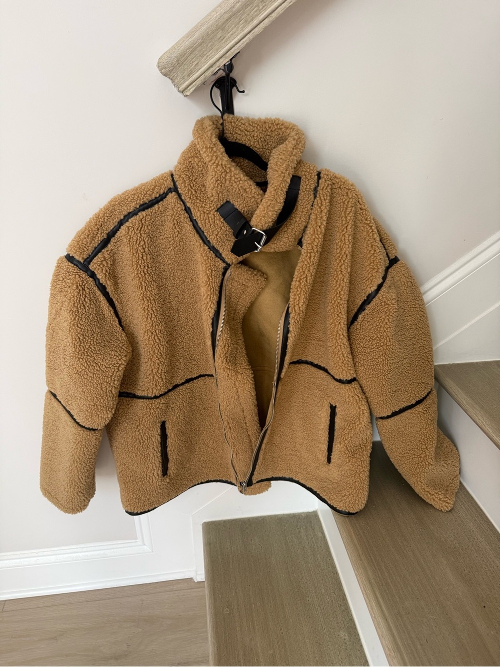Elan Camel Sherpa Jacket with Contrast Trim